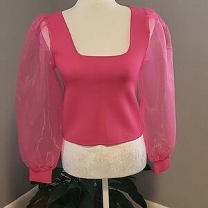 House of Harlow 1960 Sheer Puff Sleeve Ribbed Knit Crop Top - Size S